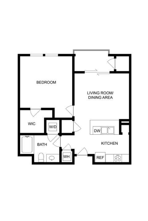 Floor plan for 1 bed, 1 bath, 686 sqft